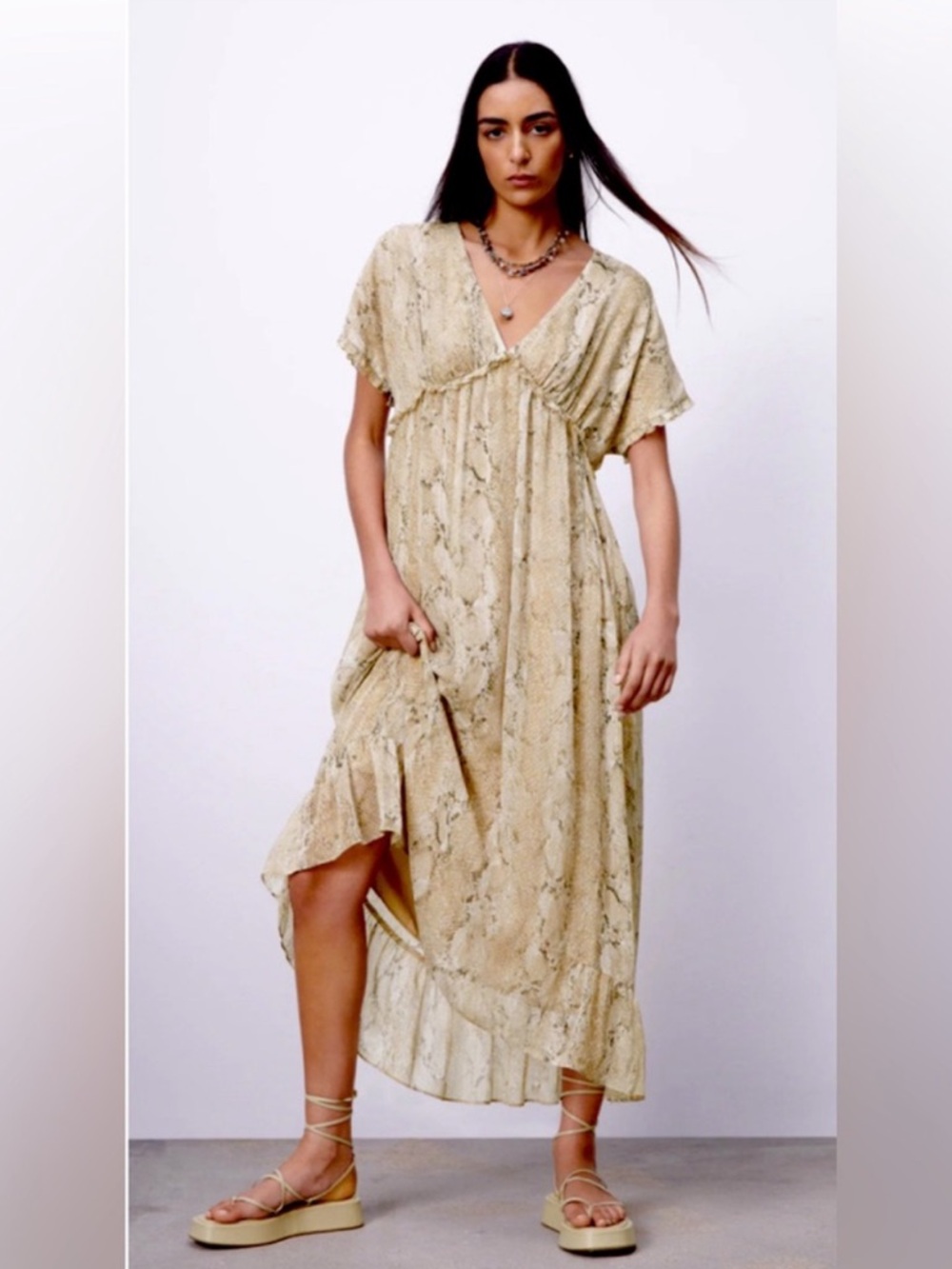 Zara Snakeskin Print Ruffle Maxi Dress Size XS